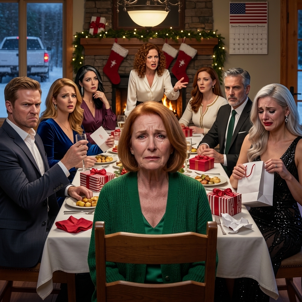 Ved julemiddagen uddelte min søn og svigerdatter gaver til alle – selv husholdersken – undtagen mig. Min svigerdatter smilede og sagde: “Åh … jeg gætter på, at din gave blev væk på vejen.” De blev ved med at spise og ventede på, at jeg skulle klage. Det gjorde jeg ikke. Jeg sagde bare: “Okay.” Fire dage senere stod de ved min dør, grædende og tiggende – der var sket noget presserende. De var ikke forberedte på, hvad jeg allerede havde gjort …