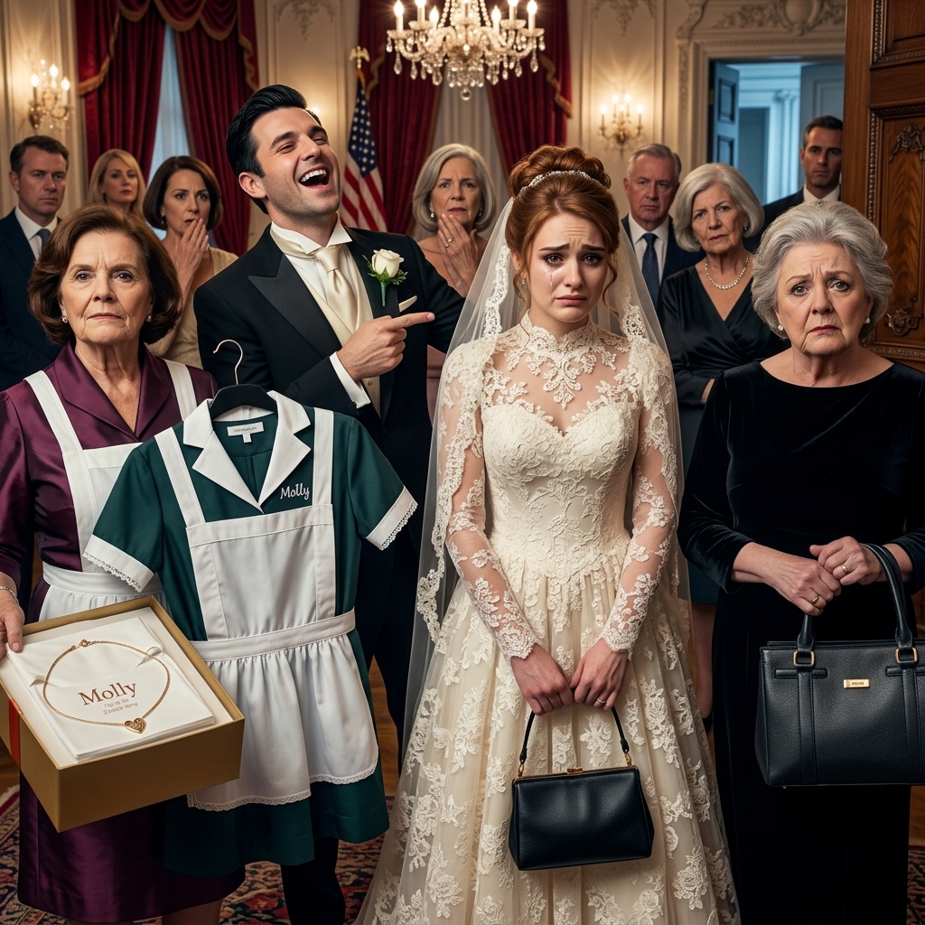 “Perfekt. Hun får brug for den her derhjemme.” Min svigersøn smilede bredt, da hans mor rakte min datter en blå stuepigeuniform i en overfyldt balsal i Dallas – min datters hænder rystede, hele rummet blev stille – og jeg rejste mig i min vinrøde kjole, vel vidende at jeg var ved at gøre noget, som ingen i den polerede familie nogensinde ville glemme …