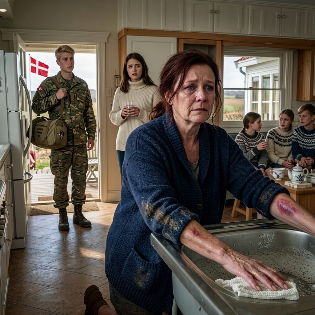 Min søn kom hjem efter fem år i hæren for at overraske mig, men da han åbnede døren, fandt han mig boende som en tjenestepige i det hus, min afdøde mand og jeg købte, før han døde. Han spurgte forvirret: “Mor … er det virkelig dig?” Hans kone og hendes familie havde taget alt fra mig. Han stormede ned ad gangen og råbte: “Det slutter nu!” Ingen forventede, hvad der skete derefter …