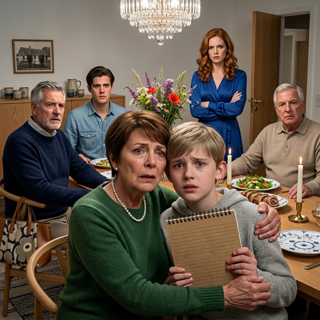 Jeg inviterede hele familien til middag for at tale om arven. Min svigerdatter smilede lidt for lyst. Så, ud af ingenting, krammede mit barnebarn mig hårdt og hviskede: “Bedstemor … Mor stak en diamanthalskæde i din taske, så du kunne tage skylden.” Jeg blev kold. Jeg havde kun tid til diskret at flytte halskæden … og præcis ti minutter senere skete det, jeg frygtede mest.