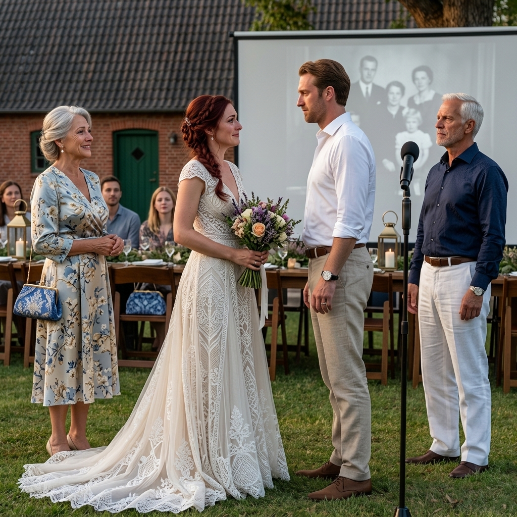 “Vi har allerede fortalt alle, at I har afbudt os,” sagde min mor seks uger før mit bryllup – så annullerede hun mine depositum, fortalte vores familie, at jeg var ustabil, og gik ind i min reception smilende som offeret. Men da min mand tog mikrofonen, bad om projektoren og sagde: “Jeg er ikke din søn, Harold, og jeg er ikke færdig,” blev hele gården stille.