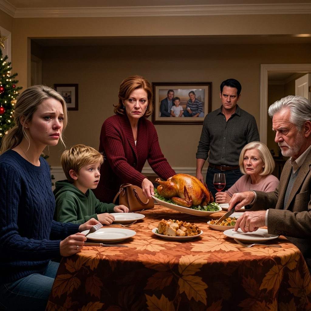 “Thanksgiving-kalkun er for familien,” sagde min søster, mens hun trak fadet væk fra min tiårige søn og lod hele bordet grine – men hvad ingen i spisestuen vidste var, at den samme dreng, de behandlede som en gæst, sad ved siden af ​​den eneste person, der stille og roligt havde betalt realkreditlånet på det hus, hun var så stolt af at vise frem de sidste tre år.