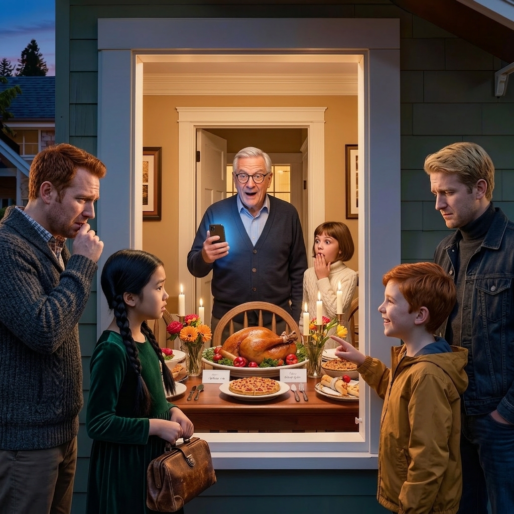 Aftenen før Thanksgiving tilføjede min datter mig ved et uheld til en chat kaldet “Hayes Kids Only”, og jeg læste mine egne børn gøre grin med min ensomhed, min madlavning og mine “små traditioner” – så da de dukkede op på min veranda, efter nyhedskameraerne var gået, og tiggede: “Far, åbn døren”, kiggede jeg på de femten kuverter, de havde forladt, og indså, at magten endelig var skiftet i denne familie.