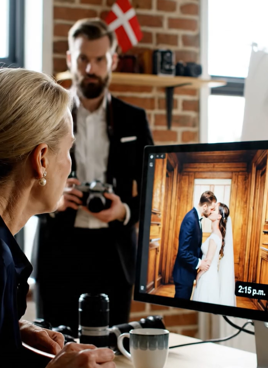 En måned efter min datters bryllup ringede fotografen selv til mig med rystende stemme: “Frue, kom lige ned i studiet, jeg fandt noget forfærdeligt på billederne, men sig det ikke til din pige,” og jeg troede stadig, det var et dårligt billede eller en fuld gæst, indtil han zoomede ind på et glemt hjørne af gangen, og jeg forstod, at manden, der havde stået der og modtaget velsignelser den dag, nok var den, der burde være bange.