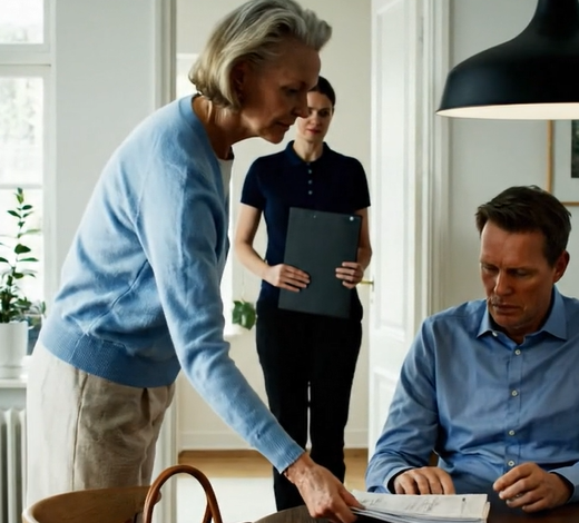 Den dag jeg overdrog mit hus til min søn, krammede han mig med tårer i øjnene og sagde: “Mor, bare rolig. Det her vil altid være dit hjem.” Tre uger senere kom han tilbage med to fremmede for at flytte mig ind på et plejehjem fra det samme hus. Jeg skændtes ikke. Jeg rakte ned i min taske, tog et foldet papir frem, lagde det på bordet og så hans ansigt ændre sig.