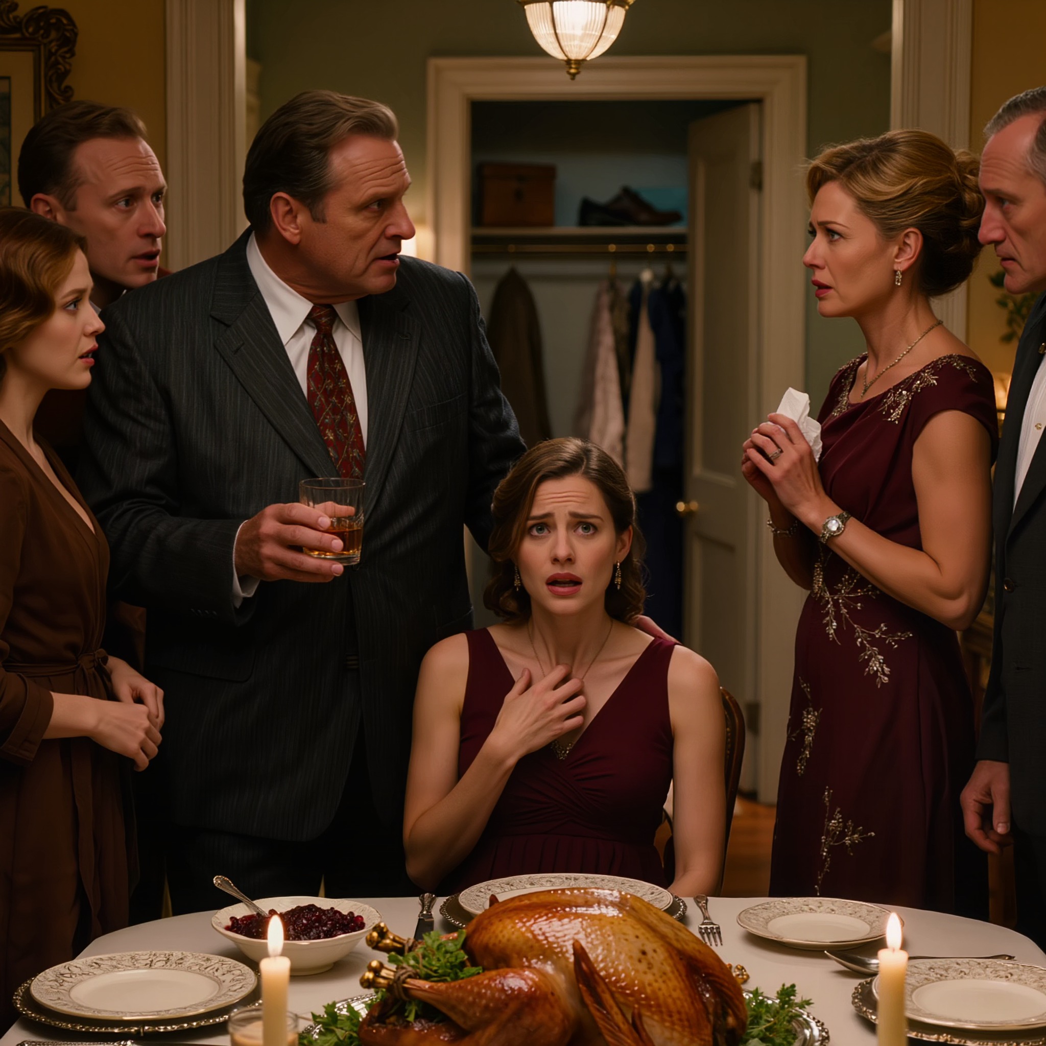 Ved Thanksgiving rejste min far sig med et whiskyglas i hånden og sagde: “Jeg er færdig med at lade som om. Hun er ikke min datter.” 31 personer blev tavse, min stedmor holdt allerede en lommetørklæde, som om hun vidste, hvad der ville ske, og det eneste, der stod mellem deres løgn og sandheden, var en gammel blå skotøjsæske, som min bedstemor havde gemt i skabet i gangen, før hun døde.