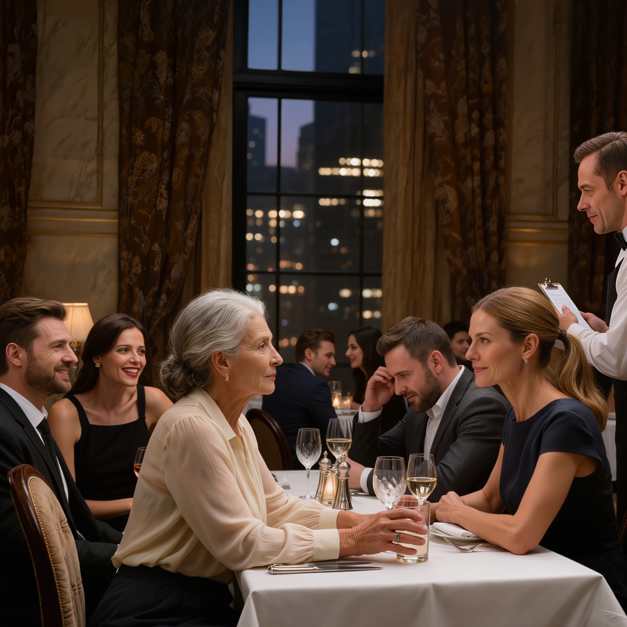 Min svigerdatter grinede på en fin restaurant og sagde til tjeneren: “Sæt hendes måltid på en separat regning, hun kan betale selv,” mens min egen søn stirrede ned i sin drink, men hun havde ingen anelse om, at den stille gamle enke, hun hånede, havde én hemmelighed knyttet til netop det rum.