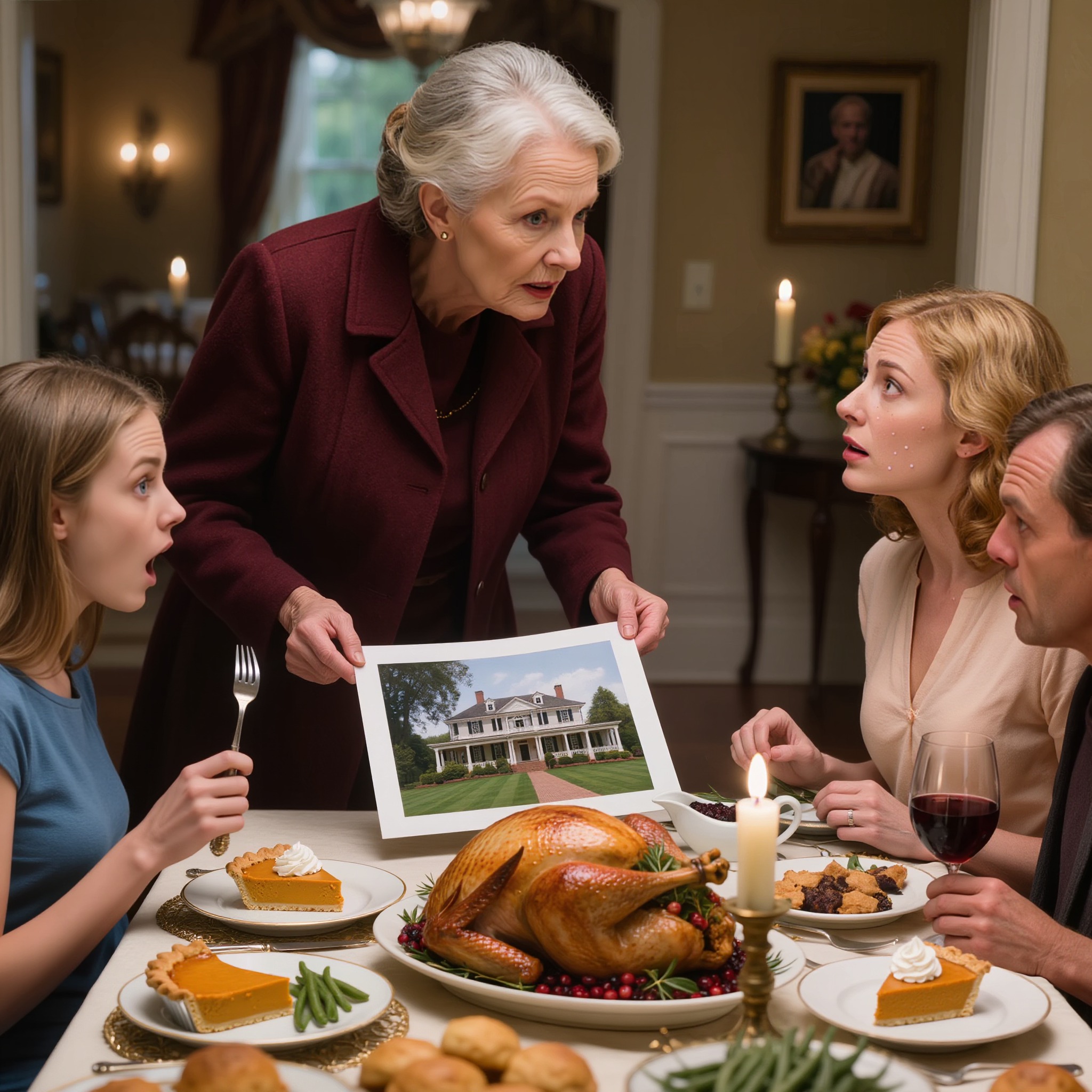 Ved Thanksgiving spurgte min bedstemor: “Hvorfor bor der et ældre par i det millionhus, jeg købte til dig?” Min søster blev bleg, mine forældre rakte ud efter undskyldninger, og da bedstemor skubbede et fotografi hen over bordet, forstod jeg endelig, hvorfor hele mit liv var faldet fra hinanden, mens kalkunen kølnede af, min far tabte sin kniv, og rummet blev stille nok til at høre hver eneste løgn ånde.