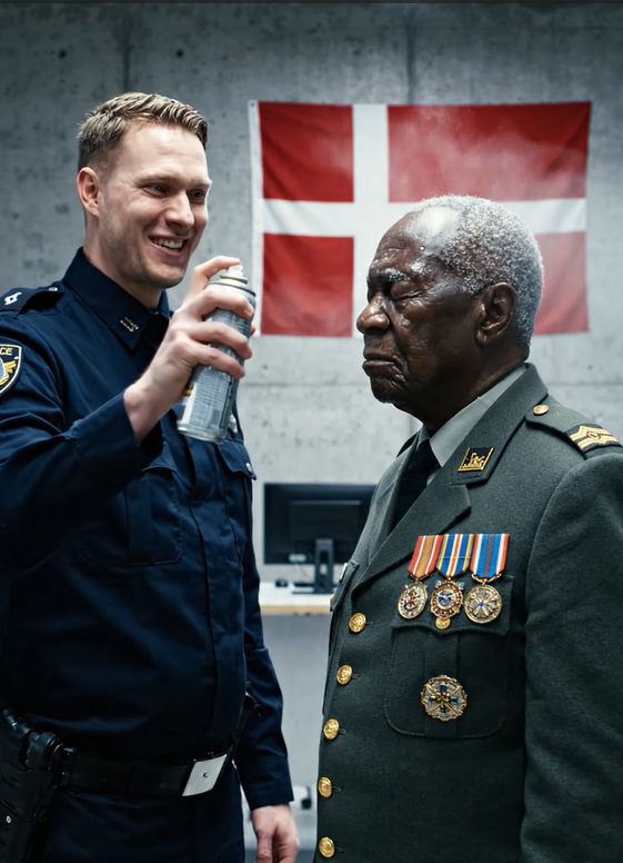 En politibetjent angriber en 75-årig krigshelt med spraymaling.