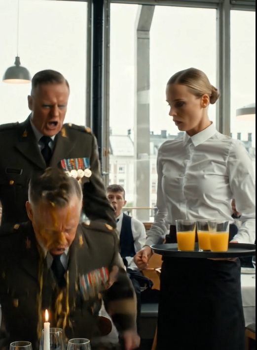 FRA KØKKENET TIL FRONTLINJERNE! Heroisk servitrice ydmyger aggressiv soldat på en luksusrestaurant, og videoen går viralt