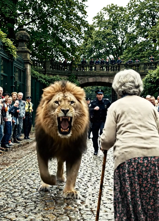 En løve flygtede fra zoologisk have, og da de bemærkede en gammel kvinde i parken, stoppede de ved siden af ​​hende; snigskytter havde allerede sigtet ham, men i det øjeblik skete der noget uventet.