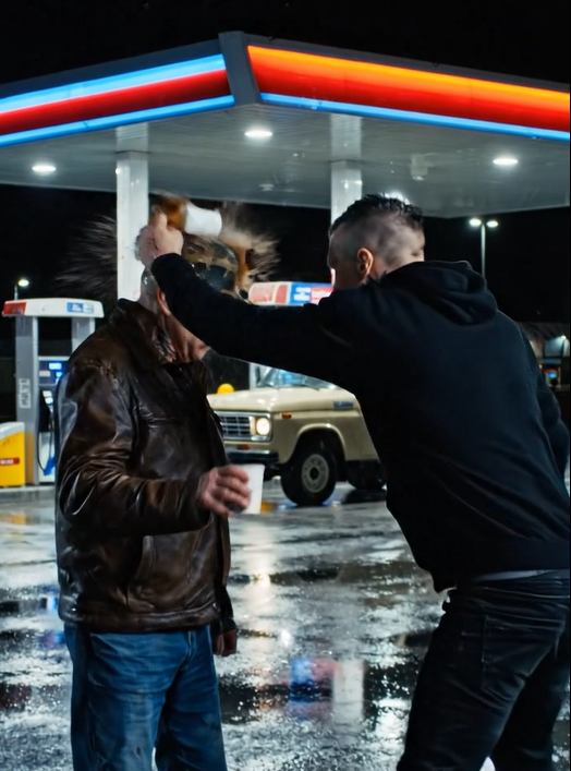 En bølle fra en tankstation krævede penge fra en ældre mand, og da han fik et afslag, hældte han varm kaffe over ham i et forsøg på at intimidere ham, men han havde ingen anelse om, hvad der ville ske med ham om få sekunder.