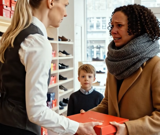 I skobutikken tog ekspeditrice moderens nye sko til barnet, bare fordi hun manglede to dollars, og den stakkels kvinde stod der og græd, men senere skete der noget, som ingen havde forventet.