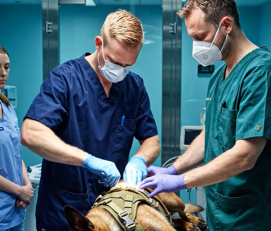 En skadet servicehund modsatte sig lægerne indtil sidste øjeblik og nægtede at lade dem tage hans halsbånd af: men da det endelig lykkedes dem at klippe det af, så de noget virkelig skræmmende under halsbåndet.
