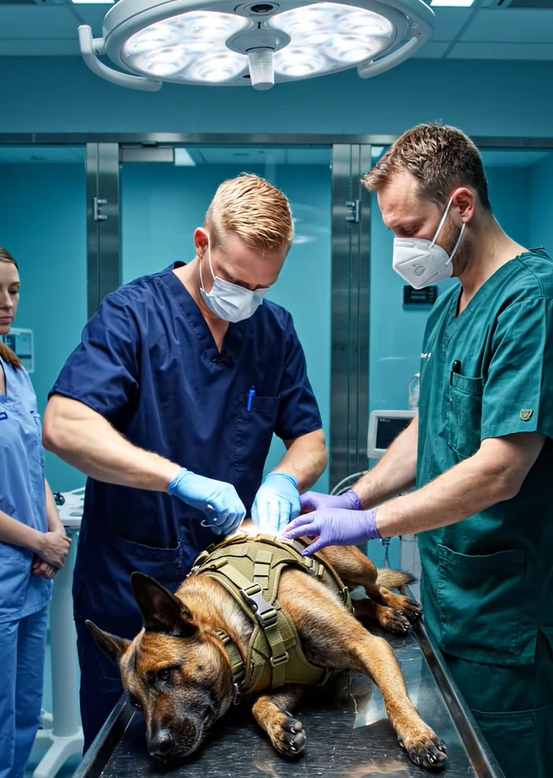 En skadet servicehund modsatte sig lægerne indtil sidste øjeblik og nægtede at lade dem tage hans halsbånd af: men da det endelig lykkedes dem at klippe det af, så de noget virkelig skræmmende under halsbåndet.