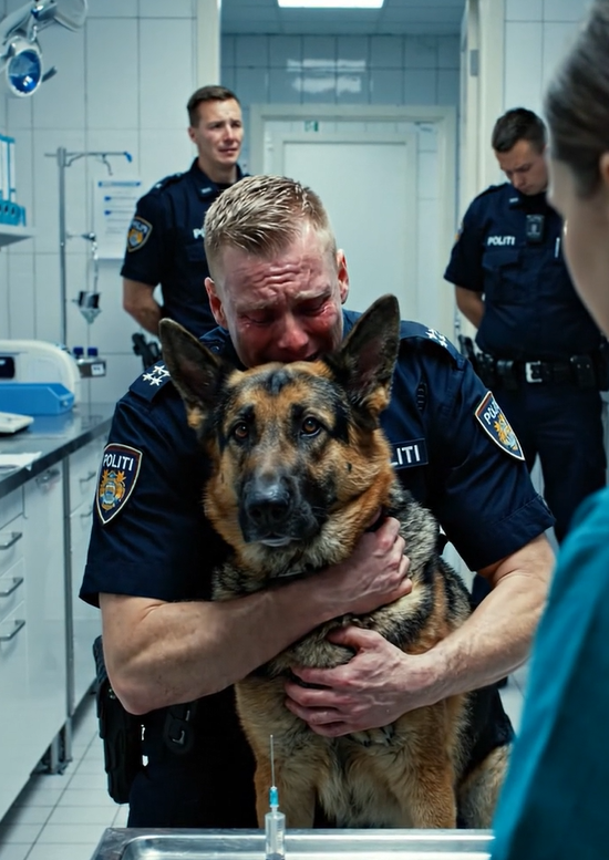 Politibetjenten lænede sig frem og krammede sin servicehund, mens dyrlægen forberedte den sidste indsprøjtning til ham, men i sidste øjeblik gjorde hunden noget, der chokerede alle i rummet.