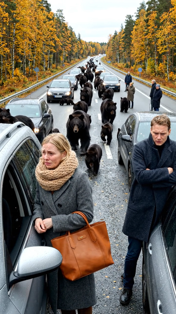 Snesevis af bjørne kom ud af skoven og ud på en trafikeret vej og skabte en enorm trafikprop: folk var chokerede og forstod ikke, hvad der skete, indtil de fandt ud af den forfærdelige sandhed.