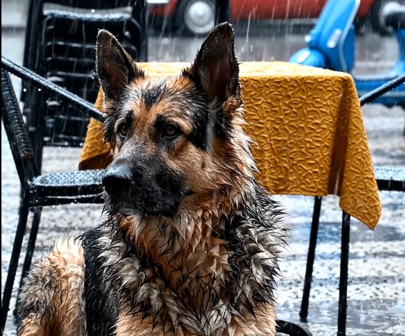 En hund stod i døråbningen til en lille butik i fire dage i træk under et voldsomt regnvejr