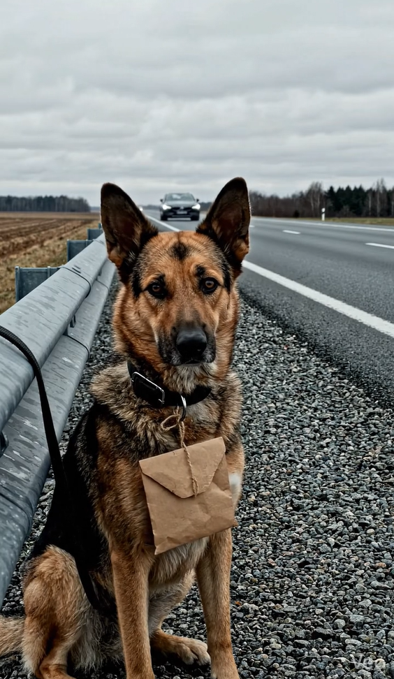 På en øde motorvej var en hund bundet til et hegn med en mærkelig kuvert hængende om halsen.