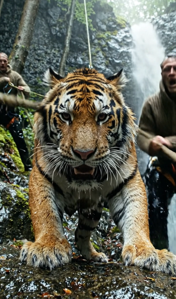 Landsbyboerne bemærkede en enorm tiger, der hang fra en klippe nær et vandfald, og løb for at hjælpe den, uden engang at ane, hvad tigeren ville gøre efter at være blevet reddet.