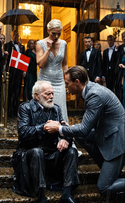 Jeg stod uden for det femstjernede hotel med min gamle frakke gennemblødt af regn, da en smuk kvinde med diamanter stoppede ved indgangen. “Flyt dig, din beskidte tigger,” hvæsede hun og rynkede på næsen. Før jeg kunne tale, skubbede hun mig hårdt op på marmortrappen. Alle lo – indtil direktørens bil ankom. Min søn steg ud, frøs til og hviskede: “Far …?” Hendes smil forsvandt. Men det, han sagde derefter, ødelagde hende fuldstændigt. – Sande historier