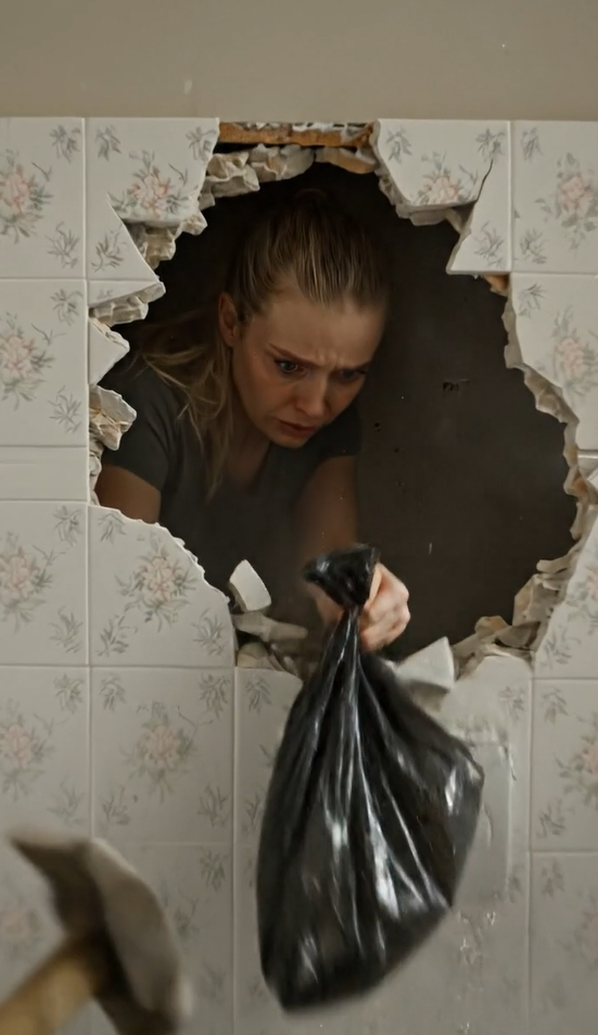 Mens min svigerfar fortalte mig, at indtil min mand var hjemme, skulle jeg tage en hammer og knuse fliserne bag toilettet, og efter jeg havde knust det, så jeg et hul, hvori der var gemt noget forfærdeligt.