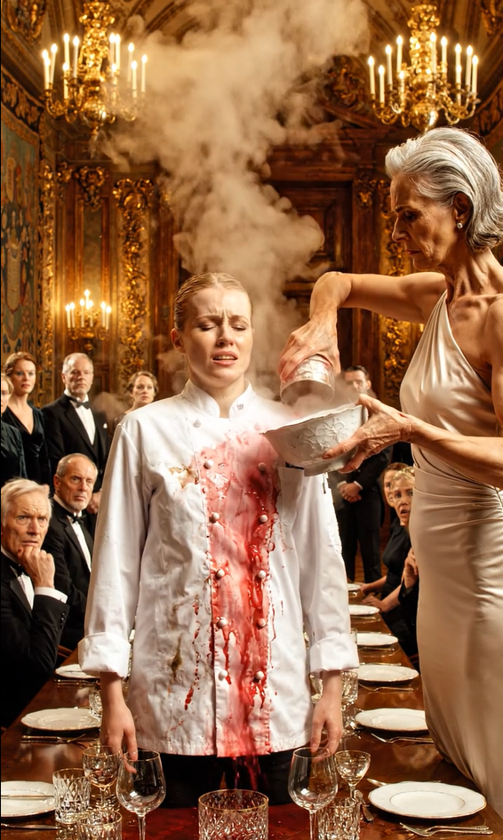 Dækket af andengradsforbrændinger fra fedtbålet, hun havde startet, bar jeg stadig den femretters middag til hendes noble gæster. Da hun snublede over mig, og kogende sovs sprøjtede hen over mine vabler på arme, knuste hun min håndflade under hælen. “Slik den ren, tigger,” hvæsede hun. Jeg skreg ikke. Jeg nikkede kun til tjenerne. Dørene var låst. Så smed jeg hendes føderale anklageskrift ned på den tomme tallerken. Hendes smil forsvandt først. Så kom skrigene.