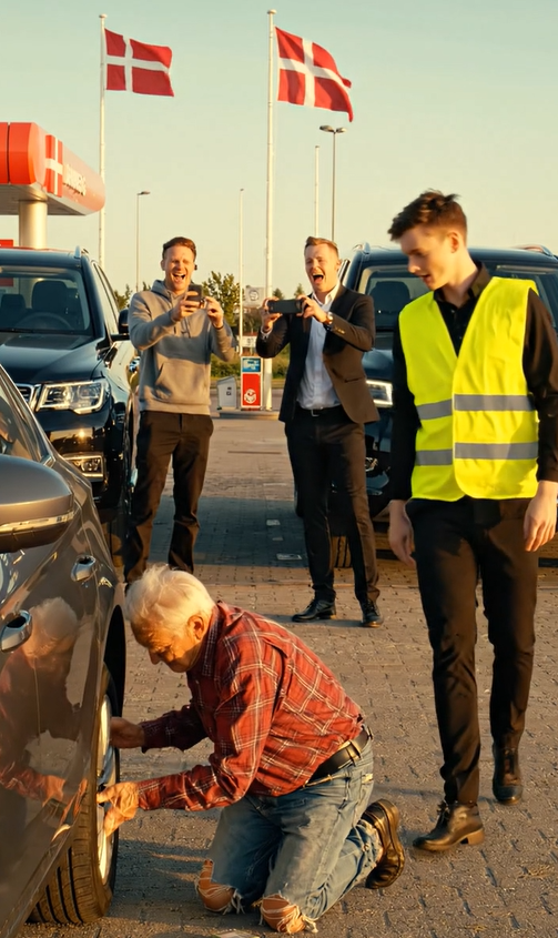 “Den Usynlige Rigdom.  Shell-stationen var badet i middagssolens barske, ubarmhjertige skær, asfalten glimtede af varme. Midt i bugten kæmpede en ældre mand i en slidt flanneljakke under vægten af ​​et tungt dæk, hans bevægelser langsomme og smertefulde.”