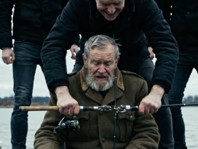 En gammel mand sad stille for enden af ​​en gammel træmole med en fiskestang i hånden, da han så tre unge mænd nærme sig med trodsige og uforskammede smil.