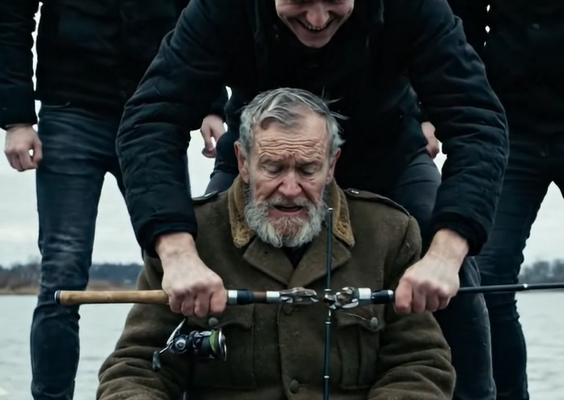 En gammel mand sad stille for enden af ​​en gammel træmole med en fiskestang i hånden, da han så tre unge mænd nærme sig med trodsige og uforskammede smil.